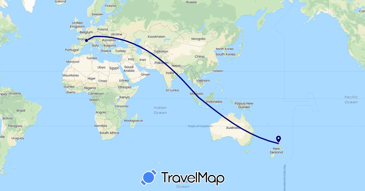 TravelMap itinerary: driving in Germany, France, New Zealand, Singapore (Asia, Europe, Oceania)
